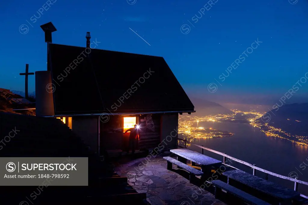 Rifugio Al Legn mountain hut above Lake Maggiore, Locarno and Ascona below