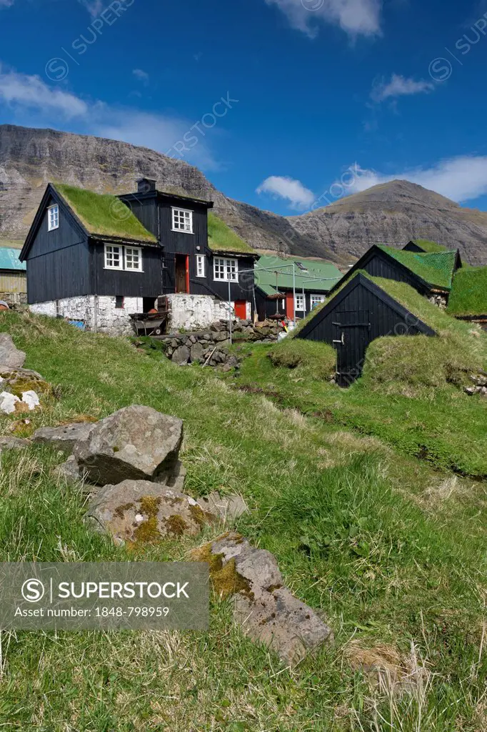 Traditional turf houses, wooden houses with grass roofs and stone foundations
