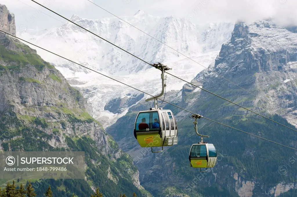 Two gondolas, cable car to the mountain ridge, Wetterhorn Range at back, Upper Grindelwald Glacier near Grindelwald, Bernese Oberland, Canton of Bern,...