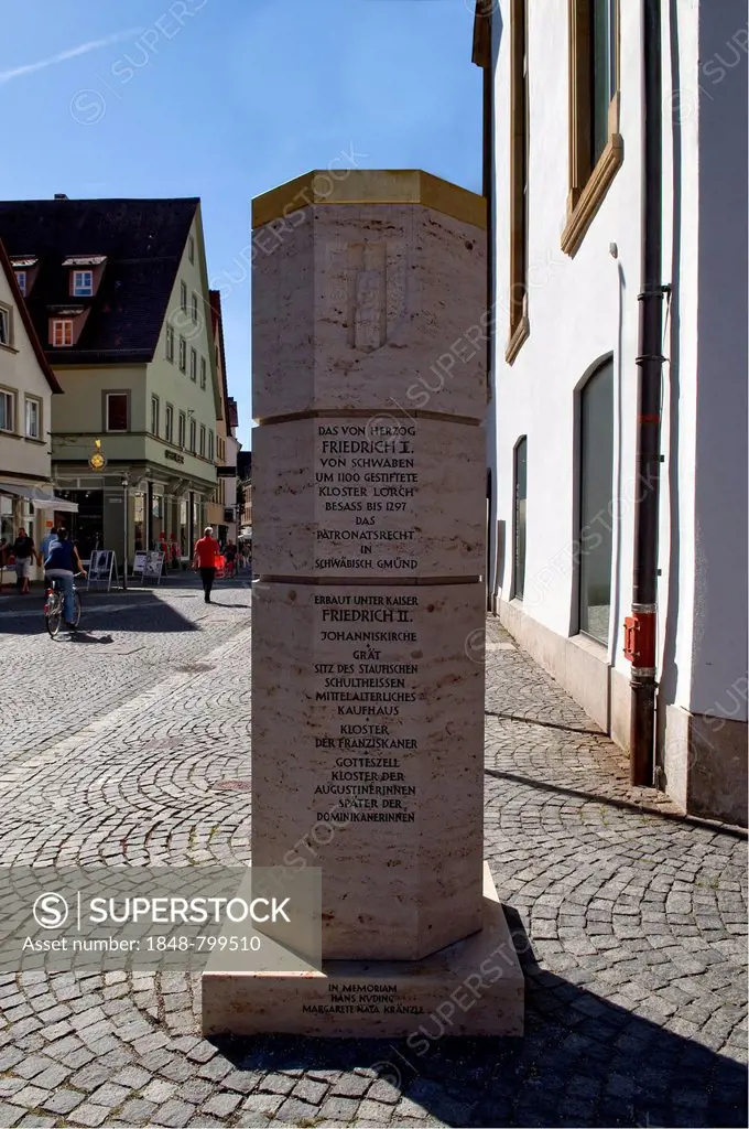 Staufer stele, on Johannisplatz square, referring to the Hohenstaufen influences, Emperors Frederick I and Frederick II and the Lorch Monastery, Klost...