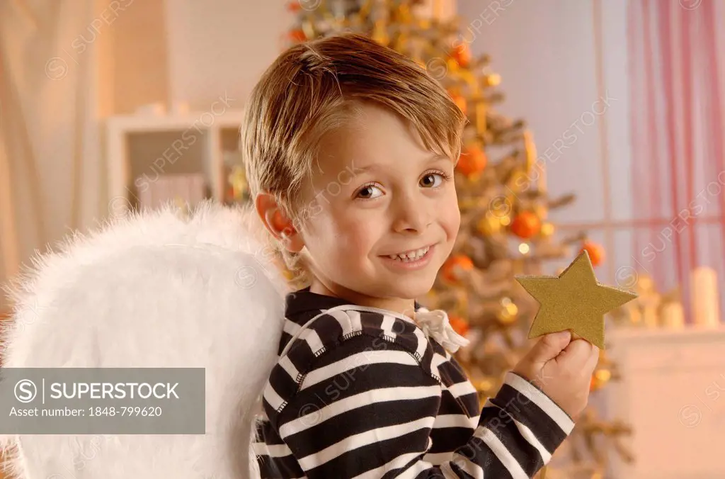 Boy wearing angel wings holding a golden star in front of a Christmas tree