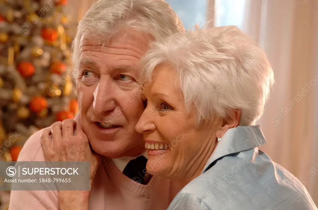 Mature couple in love in front of a Christmas tree