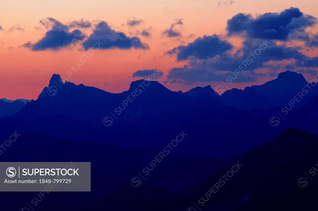 Mountain panorama in the evening light with clouds in the sky, Warth, Vorarlberg, Austria, Europe
