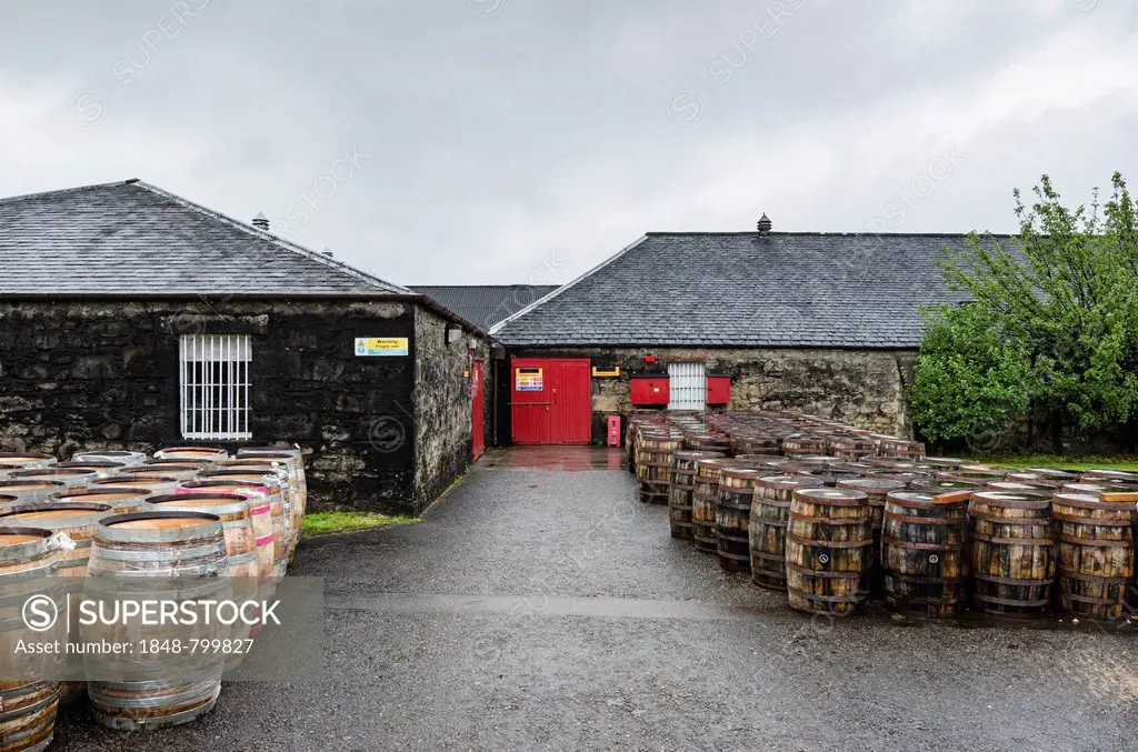 Empty oak barrels stored in front of the barrel storage, Glenmorangie whisky distillery, Tain, Highland, Scotland, United Kingdom, Europe
