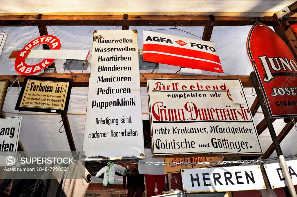 Old signs at the Auer Dult annual market, Munich, Bavaria, Germany, Europe