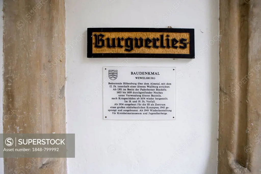 Sign Burgverlies, German for dungeon, Wewelsburg, triangular castle, former Nazi cult site, now a youth hostel and museum of local history, Bueren, No...