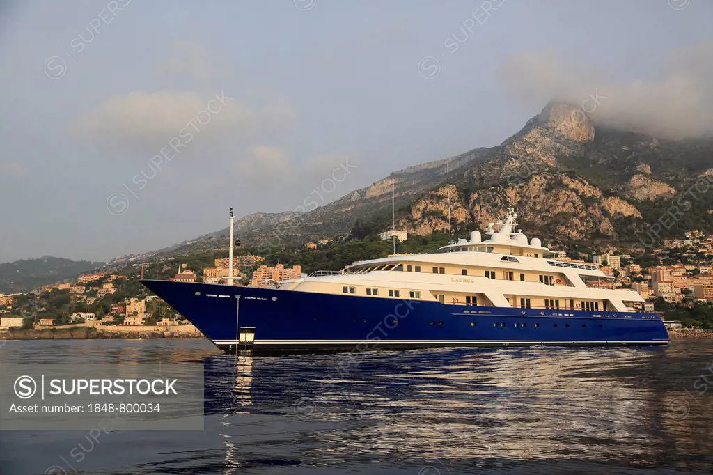Motor yacht Laurel, shipyard Delta Marine, length 73.15 meters, built in 2006, anchored in front of the Principality of Monaco, Cote d'Azur, Mediterra...