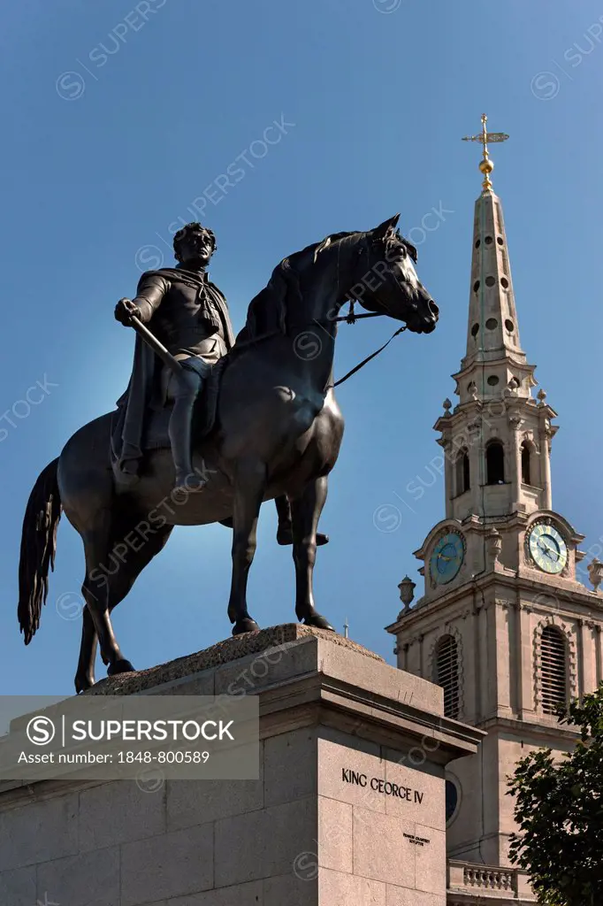King George IV equestrian statue in front of St. Martin in the Fields Church, Trafalgar Square, London, England, United Kingdom, Europe