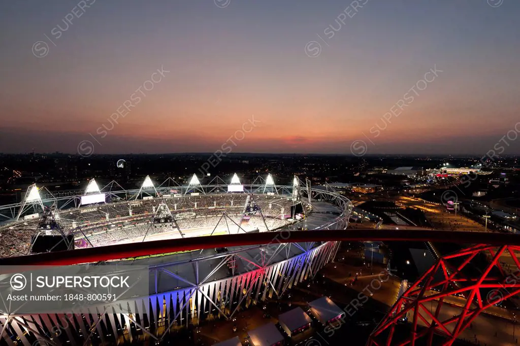 Olympic Stadium, view from Orbit, twilight, Olympic Park, London, England, United Kingdom, Europe