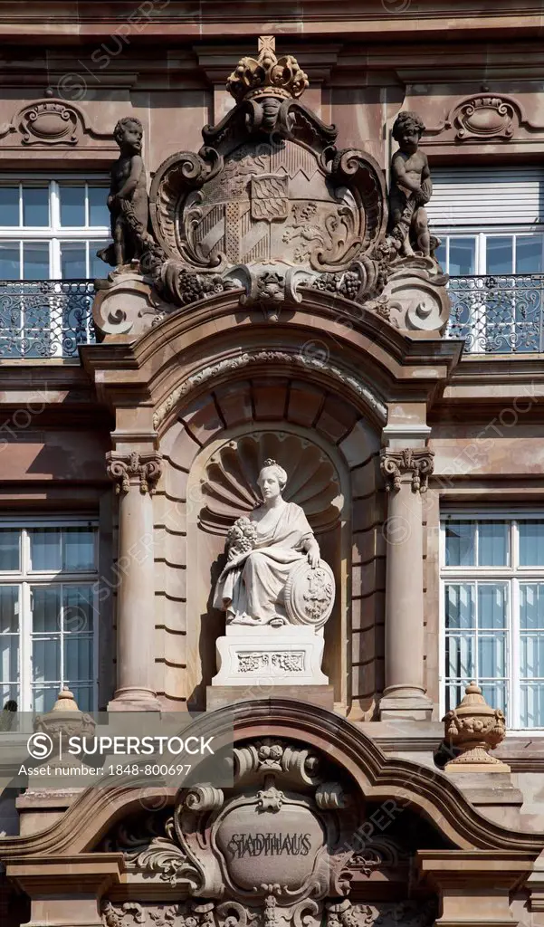 Detailed view of the portal of the town hall, Maximilianstrasse, Speyer, Rhineland-Palatinate, Germany, Europe