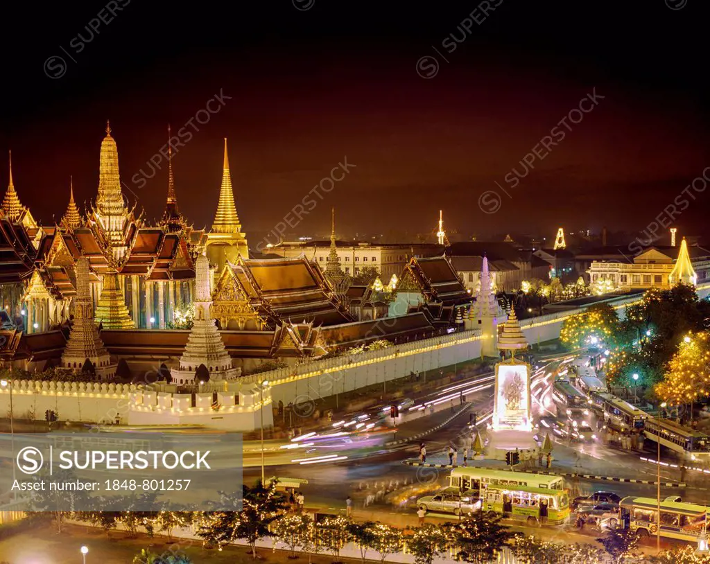 Wat Phra Kaeo Temple, Royal Palace, at dusk, illuminated, from the Office of The Attorney General Building, Bangkok, Central Thailand, Thailand