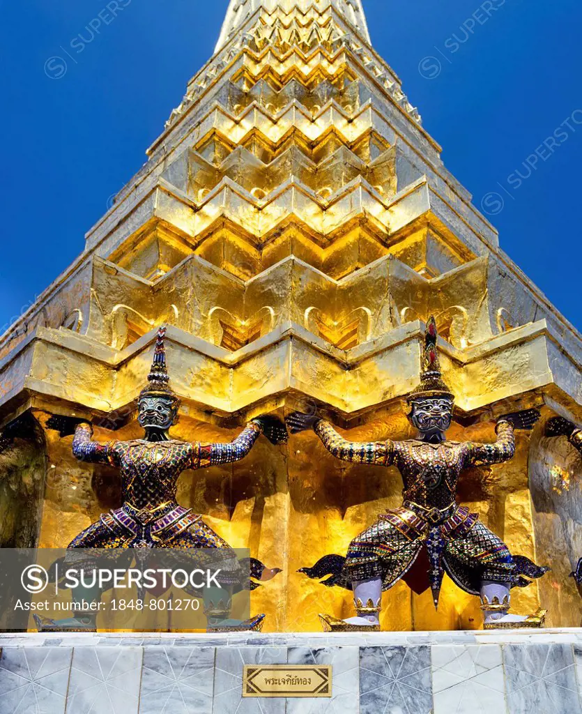 Wat Phra Kaeo Temple, Royal Palace, Caryatid demons on a golden chedi, Bangkok, Central Thailand, Thailand
