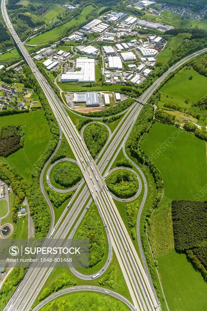 Aerial view, industrial estate at the Wenden motorway junction, Wenden A45, A4, Wenden, North Rhine-Westphalia, Germany