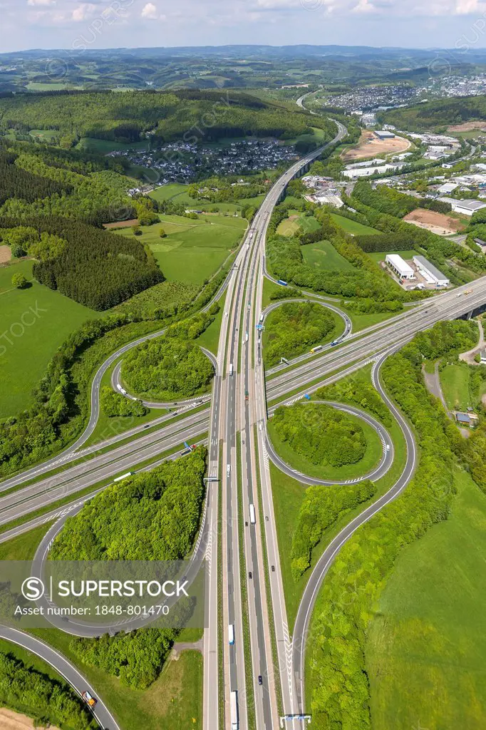 Aerial view, Wenden motorway junction A45, A4, Wenden, North Rhine-Westphalia, Germany