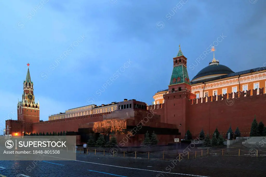 Saviour Tower, Kremlin, Senate Tower and Lenin's Mausoleum, Red Square or Krasnaya Ploshchad, Moskau, Moscow Oblast, Russia