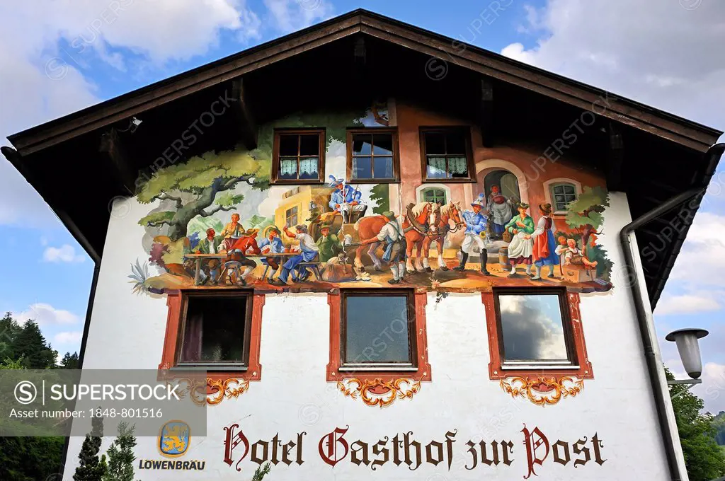 Lueftlmalerei, traditionally painted building façade, at Hotel Gasthof zur Post, Schliersee, Upper Bavaria, Bavaria, Germany