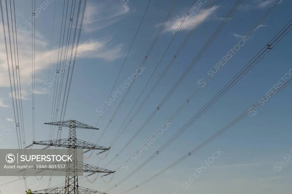 Overhead powerlines against blue sky, Dresden, Saxony, Germany