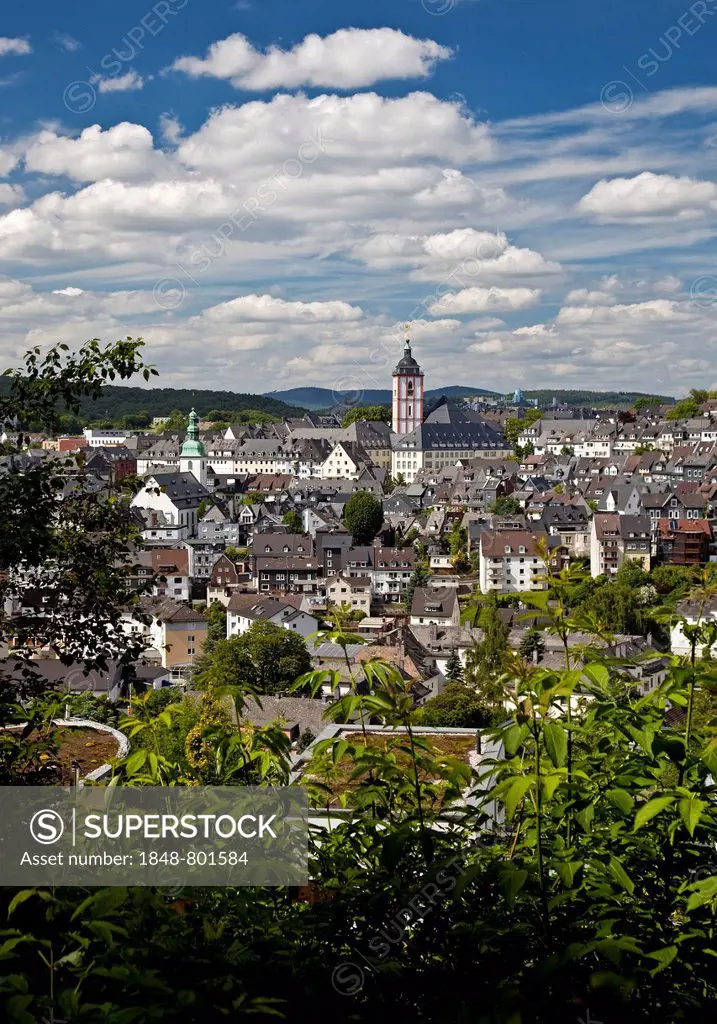Upper Town of Siegen with Marienkirche, St. Mary's Church, and Nikolaikirche, St. Nicholas Church, Siegen, North Rhine-Westphalia, Germany