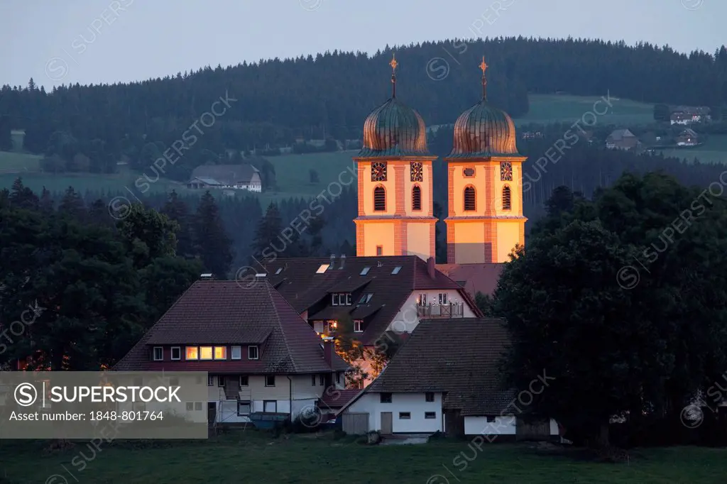 Monastery church at dusk, Sankt Märgen, Black Forest, Baden-Württemberg, Germany