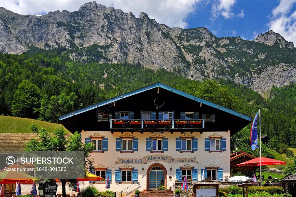 Alpenhof guesthouse in front of Mt Reiter Alpe, Hintersee, Ramsau bei Berchtesgaden, Berchtesgadener Land District, Upper Bavaria, Bavaria, Germany
