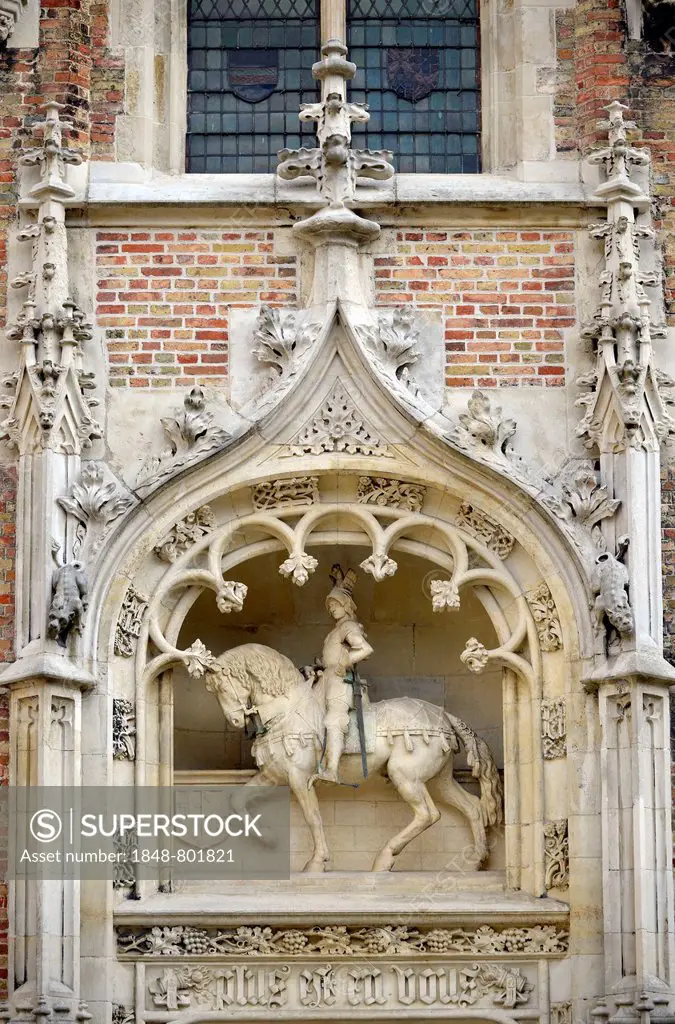 Equestrian figure above the entrance to the Gruuthusemuseum, historic centre, UNESCO World Heritage Site, Bruges, Flemish Region, Belgium