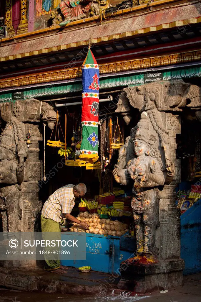 Stall and vendor, Meenakshi Amman Temple or Sri Meenakshi Sundareswarar Temple, Madurai, Tamil Nadu, India
