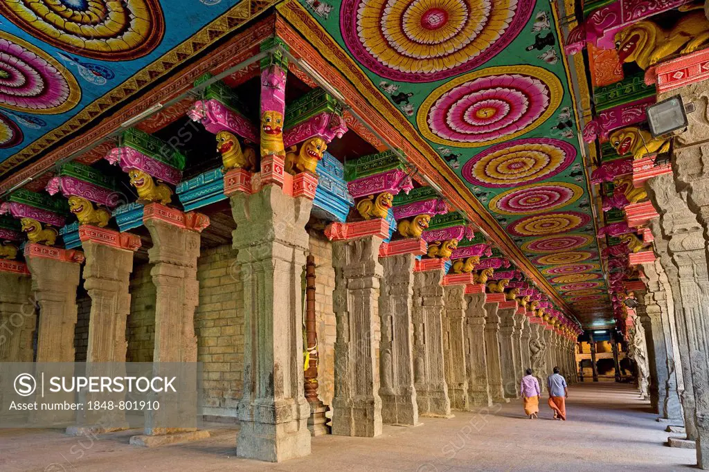 Colourful painted ceiling on stone pillars, temple hall, Meenakshi Amman Temple or Sri Meenakshi Sundareswarar Temple, Madurai, Tamil Nadu, India