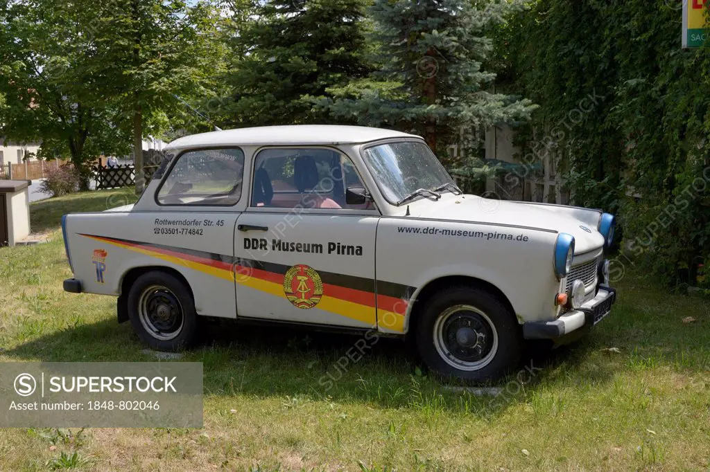 Trabant 601, plastered with advertisements for the DDR Museum Pirna, Gohrisch, Saxony, Germany
