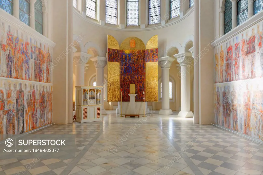 Secco, fresco painting, with the altar by Valentin Oman, 1987, in the church of Marianum Tanzenberg, Schloss Tanzenberg Castle, Sankt Veit an der Glan...