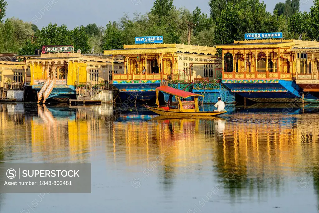 A shikara boat on Dal Lake, houseboats at the back, Srinagar, Jammu and Kashmir, India