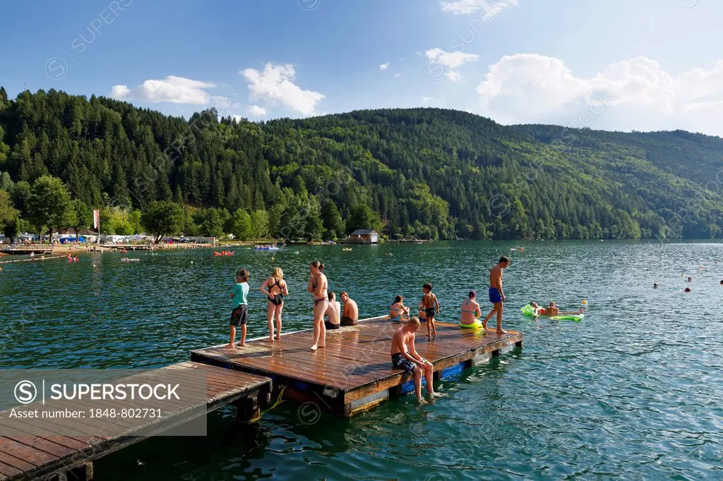 Bathing pontoon on Lake Millstatt, Döbriach, Radenthein, Spittal an der Drau, Carinthia, Austria