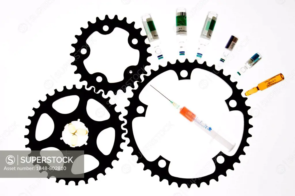 Gear wheels and medicines symbolize medicine abuse (doping) in the cycling.
