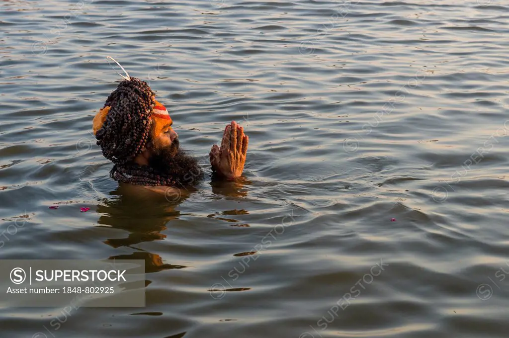 Sadhu, holy man, taking a bath and praying in the Sangam, the confluence of the rivers Ganges, Yamuna and Saraswati, just before sunset, Kumbha Mela m...