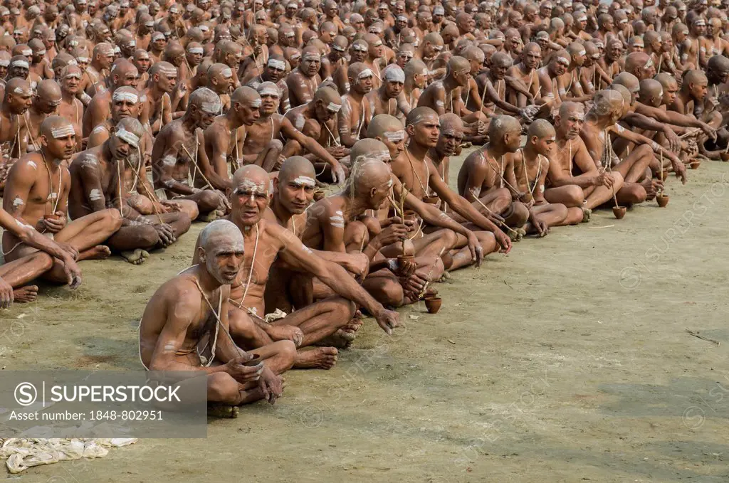 Sitting in silence as part of the initiation of new sadhus, during Kumbha Mela festival