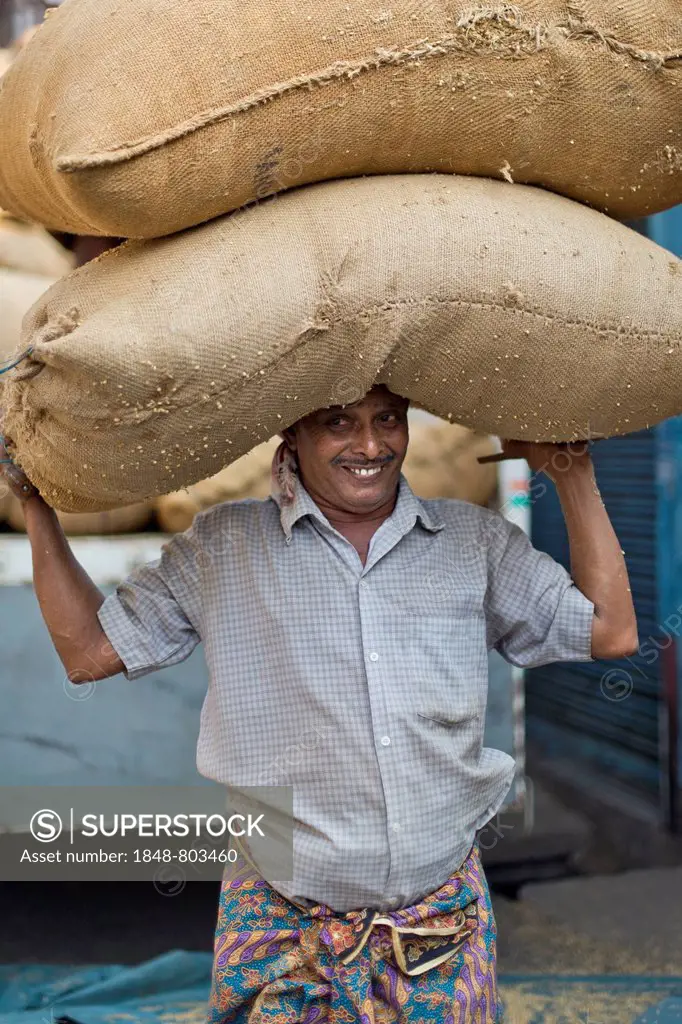 Man carrying two bags filled with spices on his head