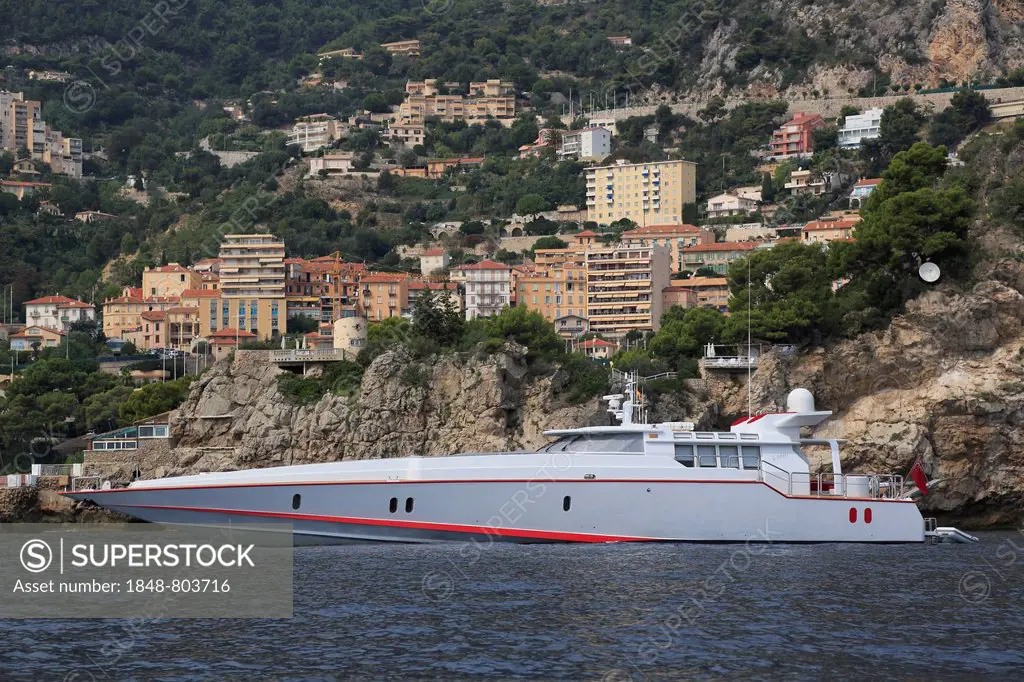 G. Whiz, a cruiser built by Brooke Marine, length: 33 m, built in 1989, anchored off the Principality of Monaco, French Riviera, Mediterranean Sea, Eu...