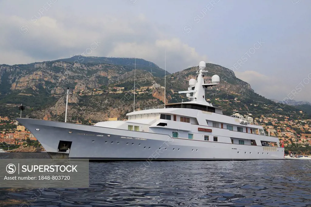 White Cloud, a cruiser built by Feadship, length: 76.30 m, built in 1983, anchored off the Principality of Monaco, French Riviera, Mediterranean Sea, ...