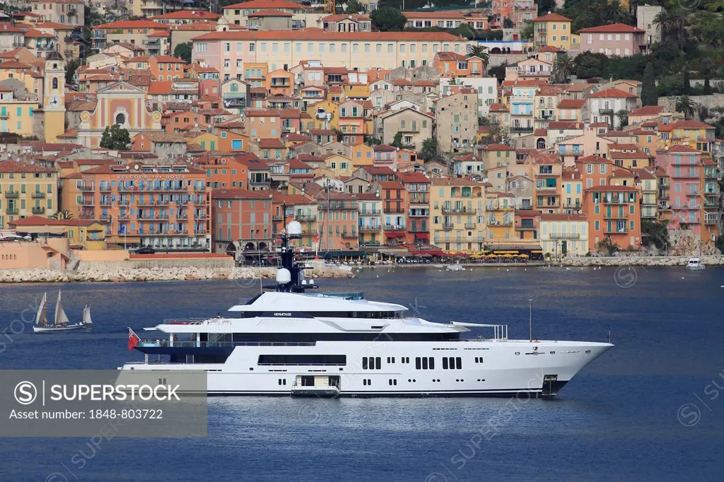 Hermitage, a cruiser built by Luerssen Yachts, length: 68.15 m, built in 2011, anchored off the bay of Villefranche, French Riviera, France, Mediterra...