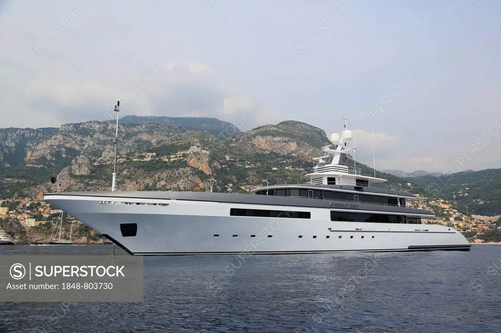 Family Day, a cruiser built by Codecasa, length: 65 m, built in 2010, anchored off the Principality of Monaco, French Riviera, Mediterranean Sea, Euro...