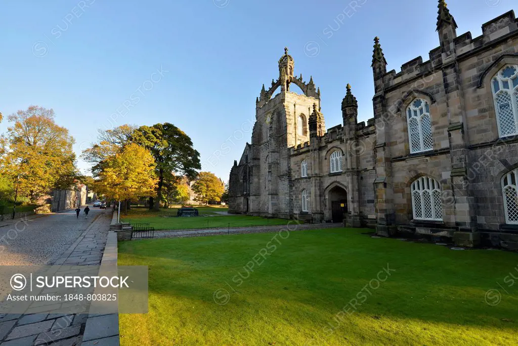 Autumnal park at King's College Chapel, High Street, Old Aberdeen, Aberdeen, Scotland, United Kingdom, Europe