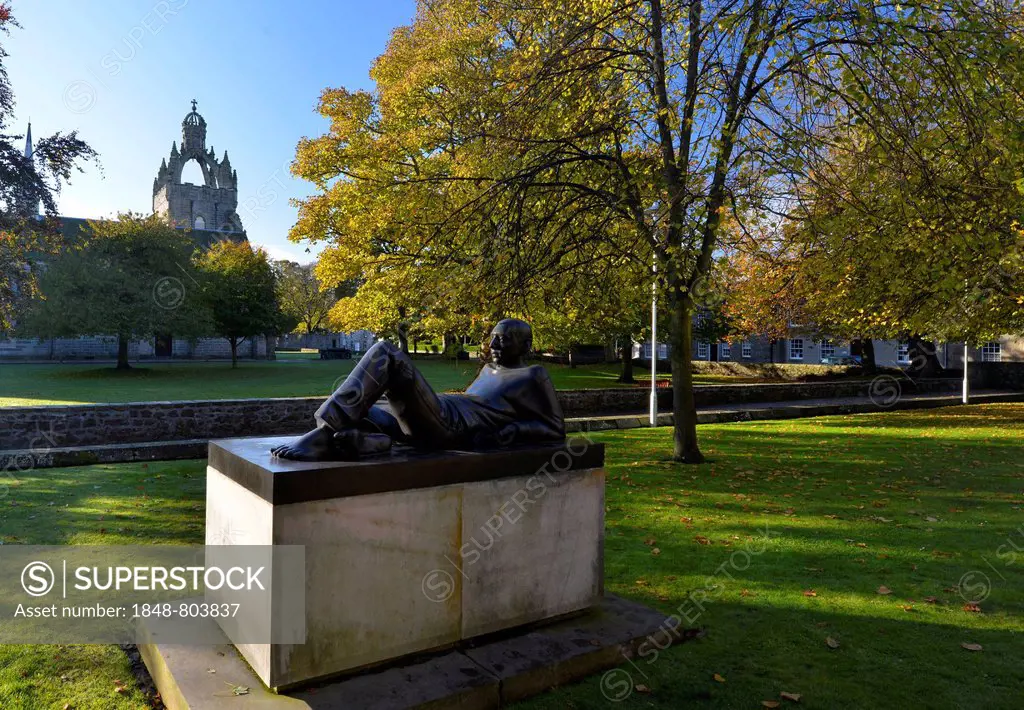 Autumnal park with a sculpture at King's College Chapel, King's College, University of Aberdeen, Old Aberdeen, Aberdeen, Scotland, United Kingdom, Eur...