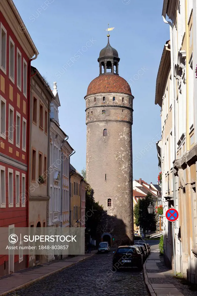 Nikolaistrasse street with Nikolaiturm tower, Goerlitz, Upper Lusatia, Lower Silesia, Saxony, Germany, Europe