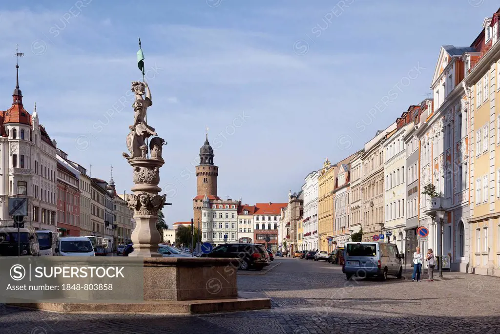 Obermarkt square with Georgsbrunnen well and Reichenbacher Turm tower, Goerlitz, Upper Lusatia, Lower Silesia, Saxony, Germany, Europe