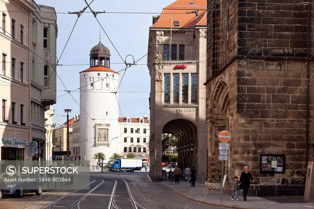 Dicker Turm tower or Frauenturm tower and an old art nouveau department store on Marienplatz square, portal of Frauenkirche church, Goerlitz, Upper Lu...