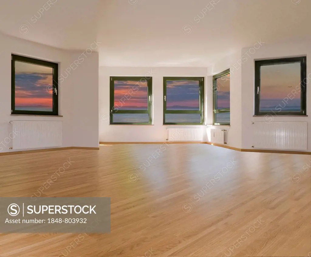 Large living room with 5 windows and light parquet flooring, sunset sky, compositing, rental apartment, real estate, freehold flat