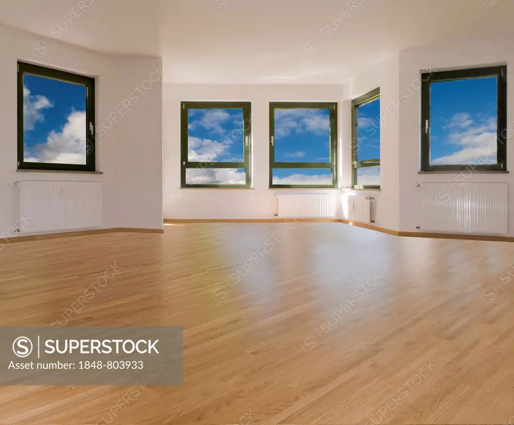 Large living room with 5 windows and light parquet flooring, white clouds, compositing, rental apartment, real estate, freehold flat