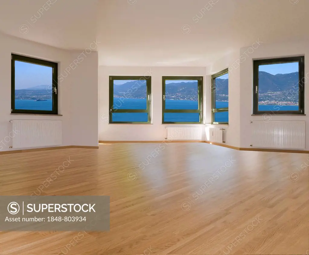 Large living room with 5 windows and light parquet flooring, view of lake Constance, compositing, rental apartment, real estate, freehold flat