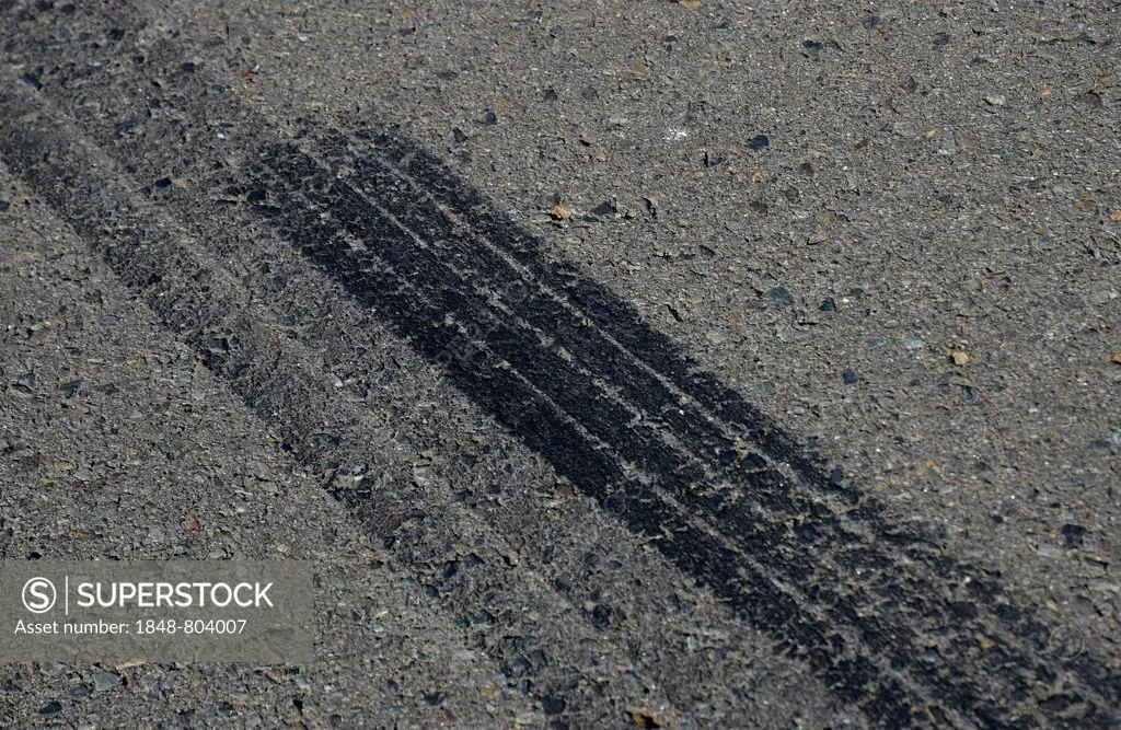 Tyre skid marks on asphalt, Saxony, Germany, Europe