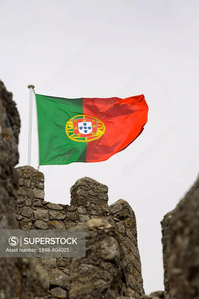 The Portuguese flag on the wall of the Moorish Castle, Castle of the Moors, Castelo dos Mouros, Sintra Cascais Natural Park, Grande Lisboa, Lisbon Reg...