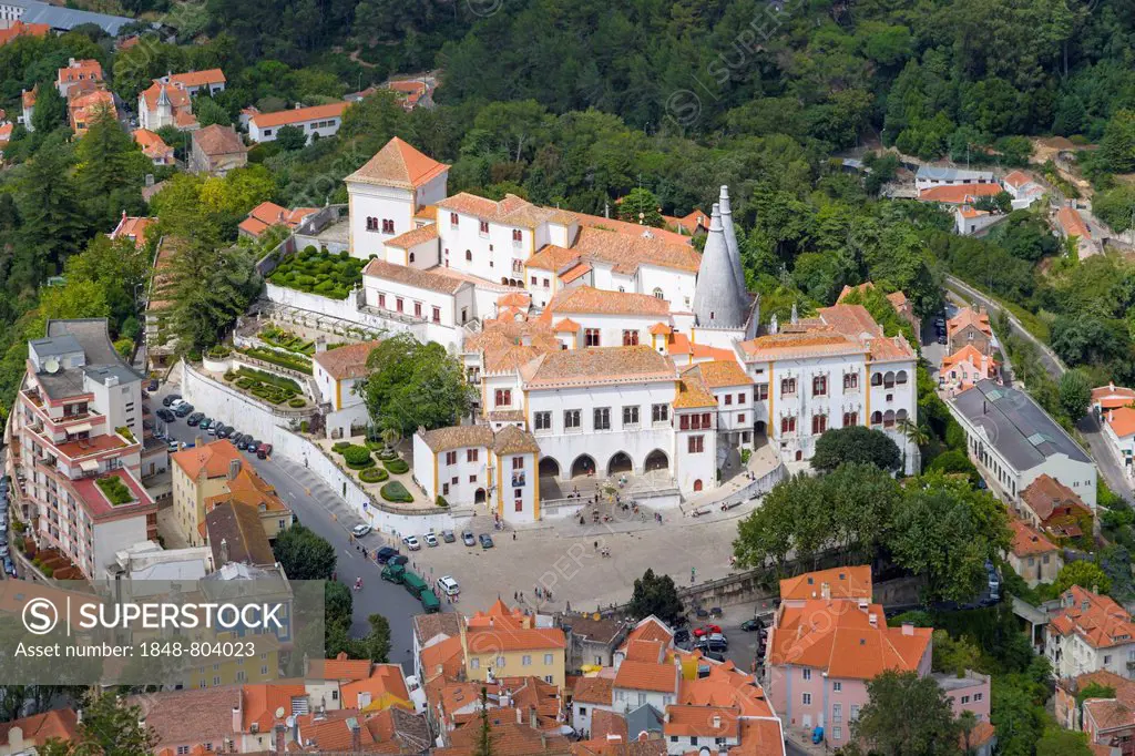 View of Sintra National Palace, Palacio Nacional de Sintra, Town Palace, Palacio da Vila from Moorish Castle, Castle of the Moors, Castelo dos Mouros,...